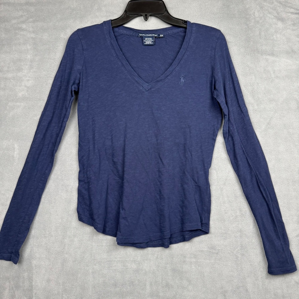 Ralph Lauren Sport Navy Blue V Neck‎ Long Sleeve T Shirt Womens Size SP